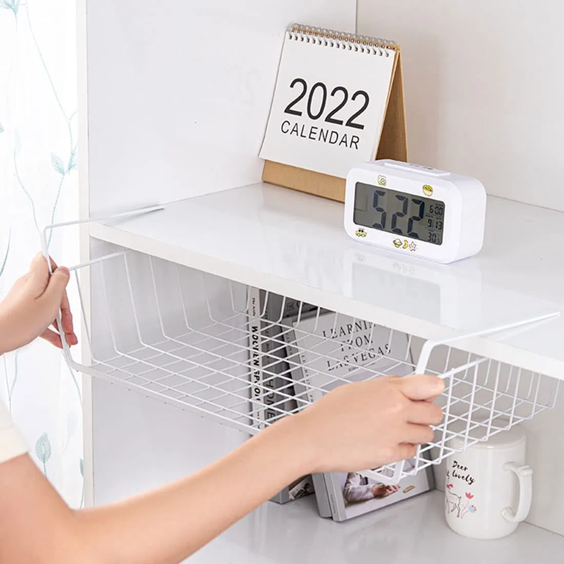 Cesta de almacenamiento para colgar debajo del estante, organizador de alambre de metal extraíble para cocina, armarios, estantes, gabinete, oficina (paquete de 2 unidades), color blanco