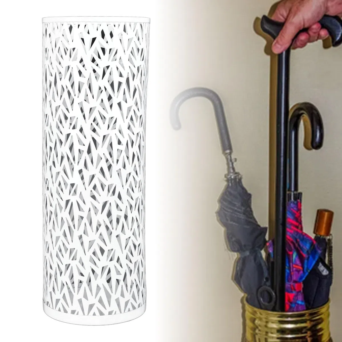 Paragüero Redondo de Metal con Diseño de Patrón Hueco, para Entrada, Oficina, Hogar, Paragüero con 4 Ganchos y Bandeja de Goteo Desmontable (S (30-59 cm/11,81-23,23 Pulgadas))