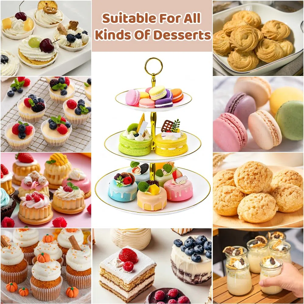 2 Piezas Soporte para Pasteles de 3 Niveles,Bandeja de Tartas Reutilizable Plato de Frutos Soportes Cartón para Cupcakes Bandeja de Postre para Fiestas,Cumpleaños,Bodas,Baby Shower, Postres
