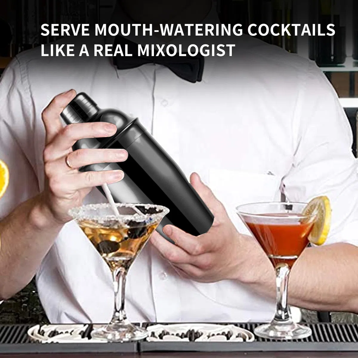 Safring Juego de coctelera de 24 onzas, coctelera de Martini con colador integrado, medidor medidor, cuchara mezcladora, coctelera profesional de acero inoxidable grande para camarero, mezclador de