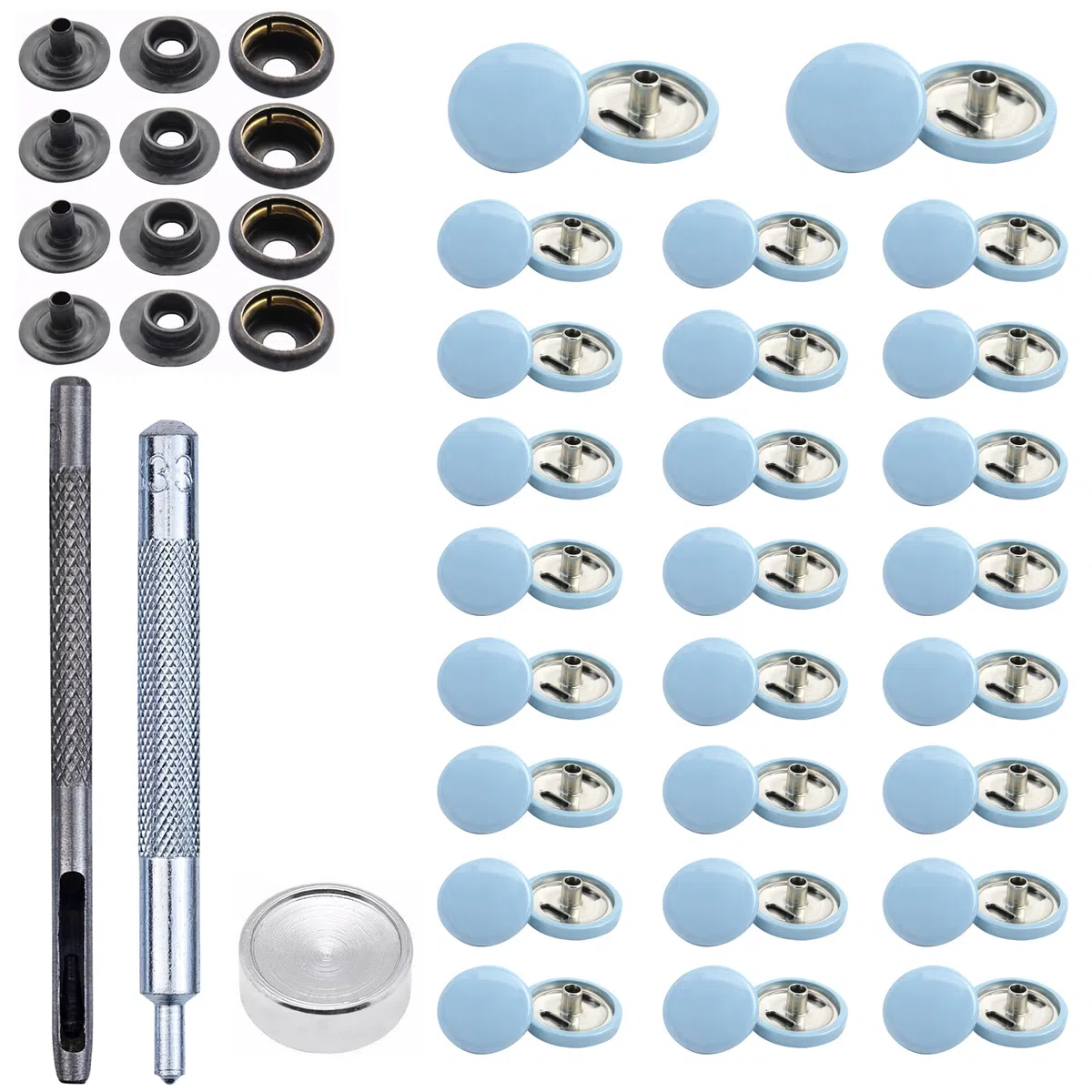 Weddecor Beige 15mm Botones a Presión Metal Resistente Níquel Libre Poppers 4 Partes Cierres Remaches Botón con 3 Set Mano Fijación Herramienta para Cuero Manualidades Chaquetas Bolsas Tiras Jeans -