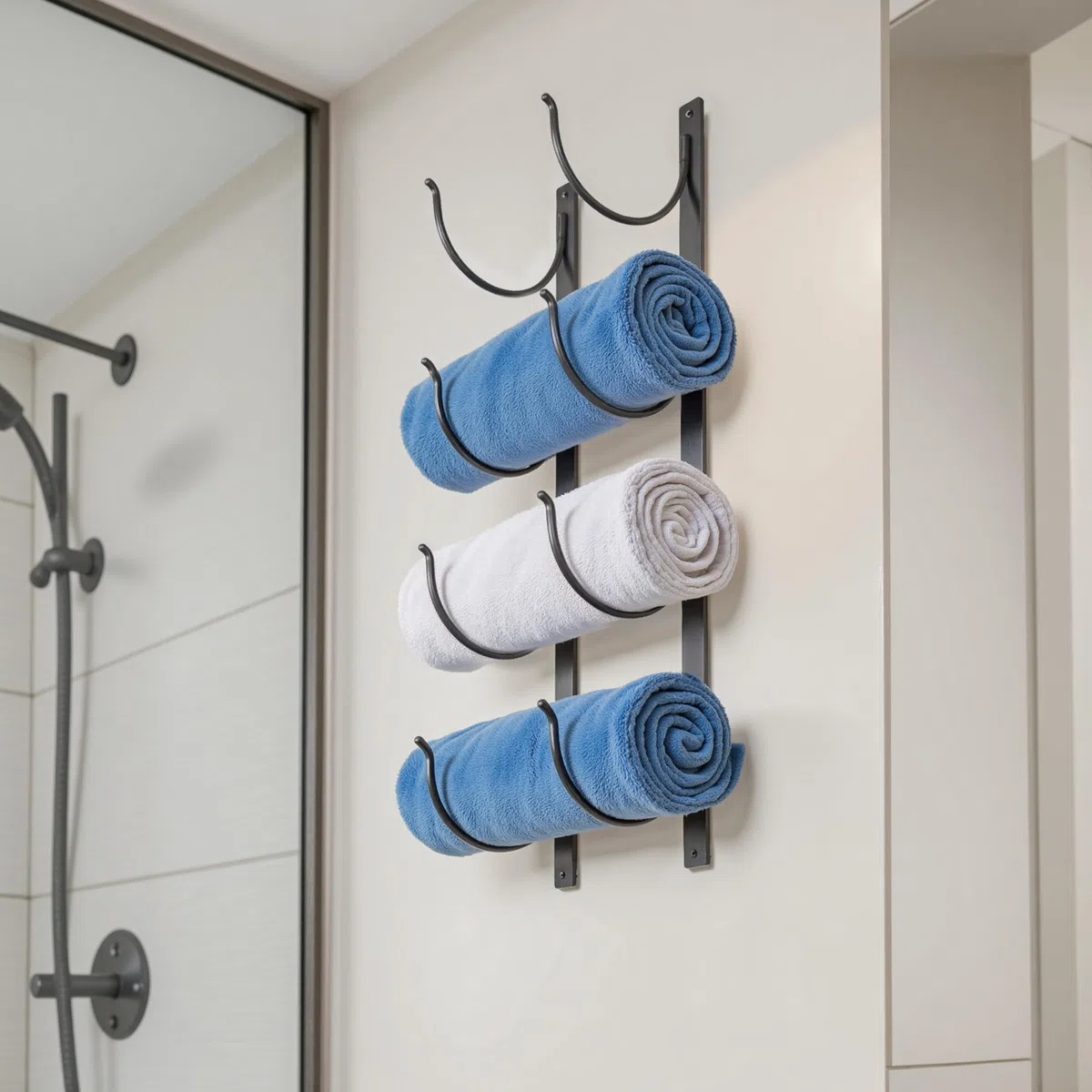 Toallero de baño montado en la Pared – Estante de 4 Niveles de Metal Negro para Toallas enrolladas, Mantas y sábanas Grandes – Organizador Colgante Ahorra Espacio para Armario, Inodoro o Autocaravana