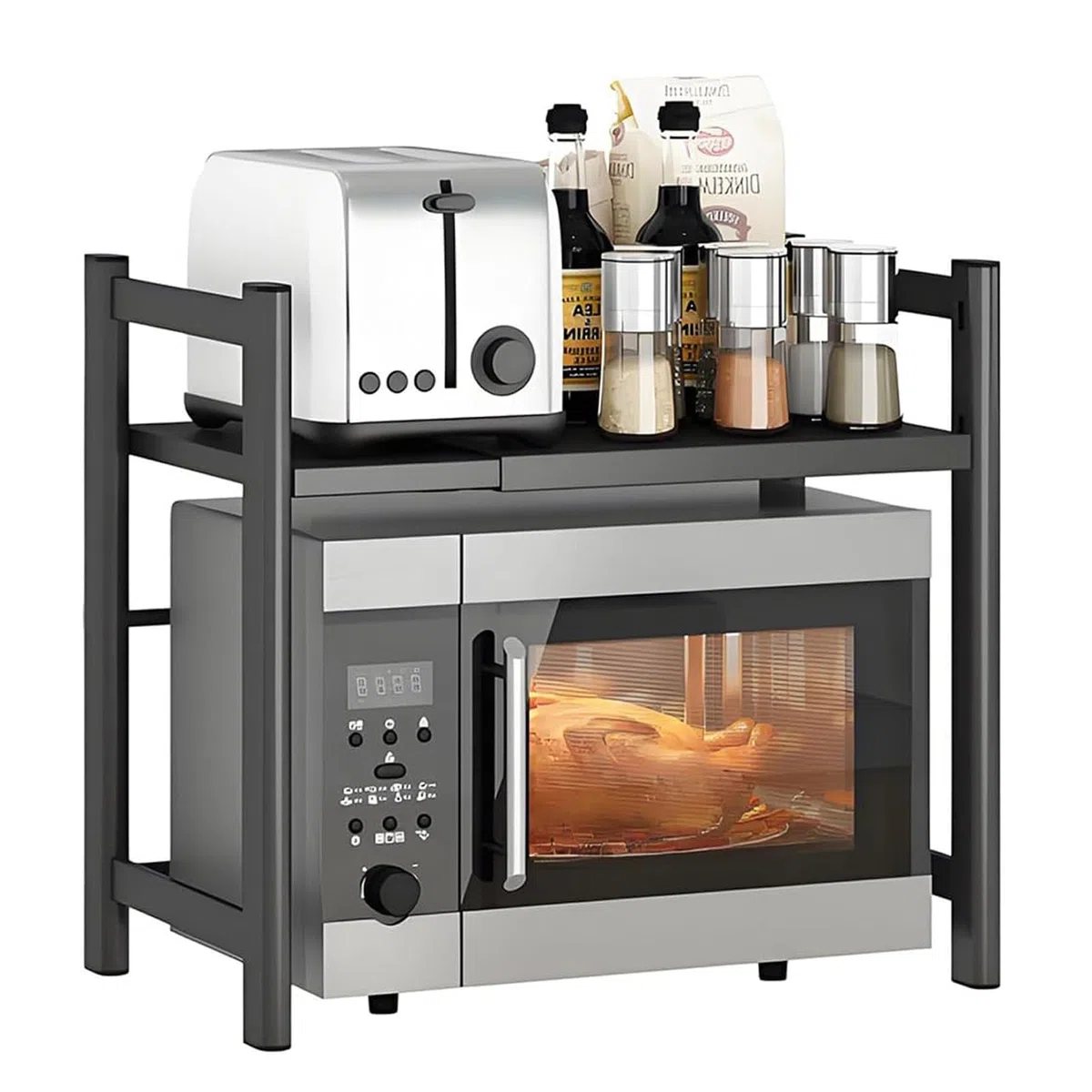 Soporte para microondas, soporte extensible de metal para microondas, soporte de 2 niveles para utensilios de cocina y tablas, encimera de acero al carbono con 6 ganchos