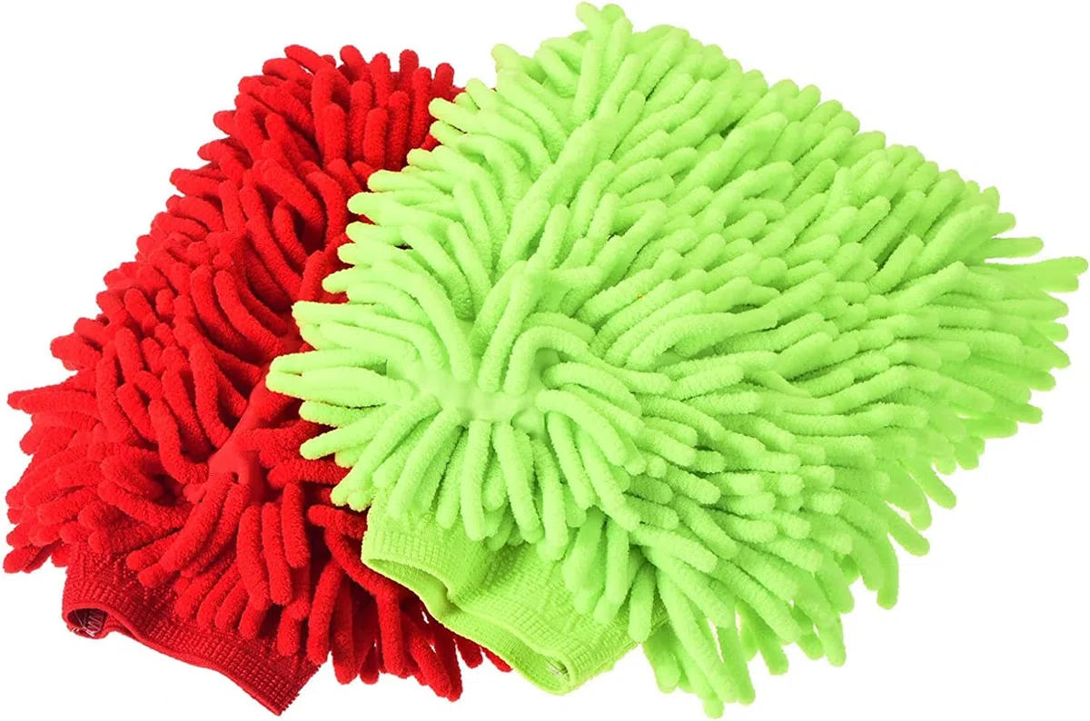 Guantes portátiles de trapo for lavado de autos Manopla de lavado de chenilla suave de microfibra Guantes for quitar el polvo grandes de doble cara for la limpieza de la casa, conjunto azul naranja 2