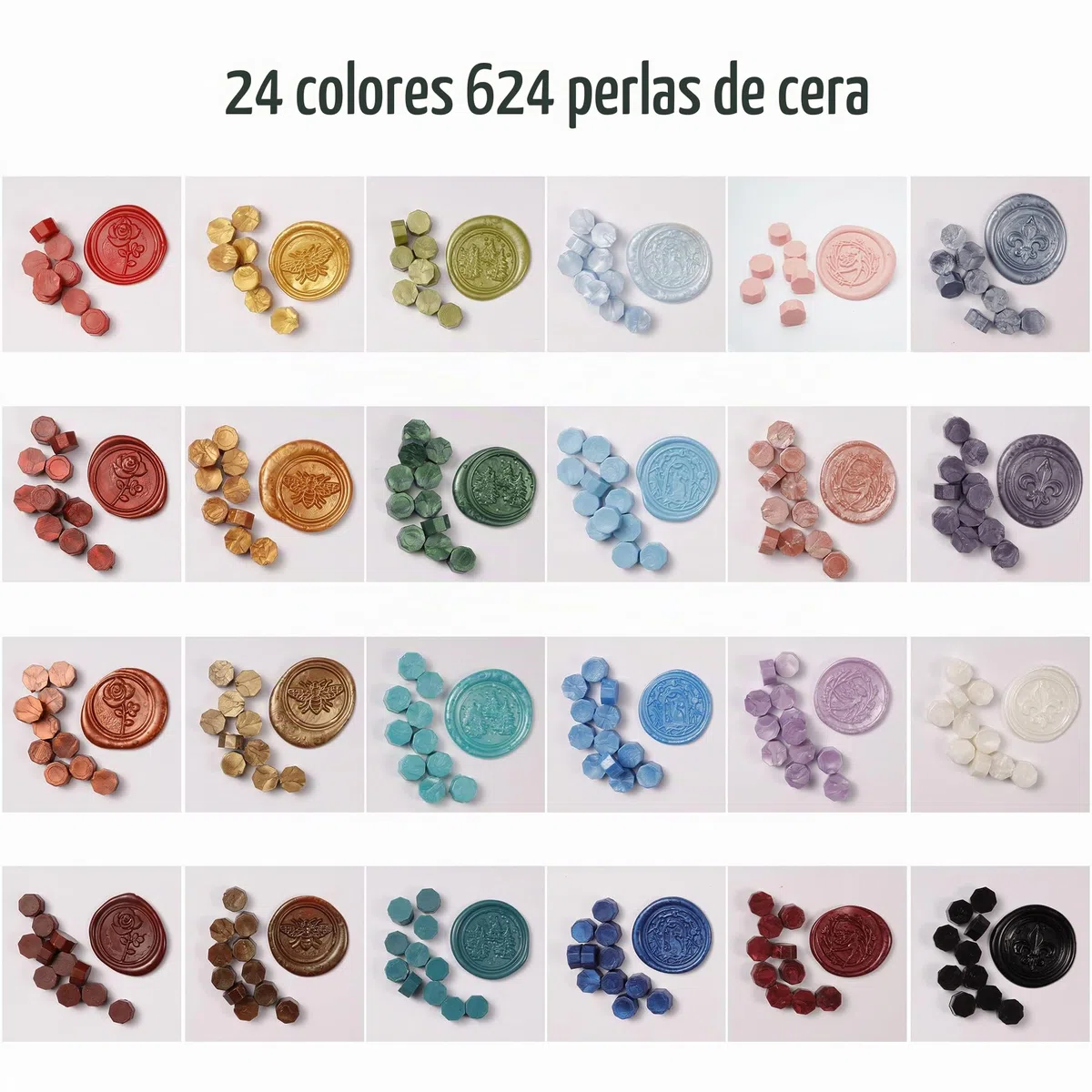 Kit de Sello de Lacre, 630 Perlas de Cera de Sellado, Caja de Regalo, 24 Colores, Calentador de Cera, Cucharas para Derretir, Velas de Té, Sobres