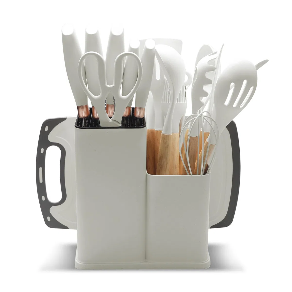 Juego de cuchillos de cocina 19 piezas con utensilios de cocina de silicona 5 cuchillos 12 accesorios antiadherentes 1 tijera tabla de cortar y soporte para ollas antiadherentes (Blanco)