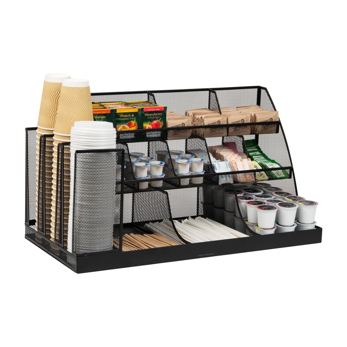 Mind Reader - Estación de tazas y condimentos para encimera de cocina, barra de cafetería, cocina, malla metálica, de unos 60 cm de largo x 29 cm de ancho x 32 cm de alto, color negro