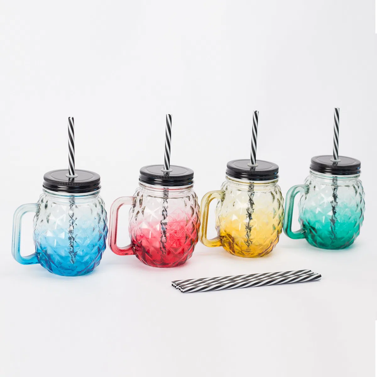 Relaxdays Vasos con Tapa y Pajita, Set de 4, 500 ml, diseño piña, asa, Cristal Coloridos, 12.5x12x9 cm