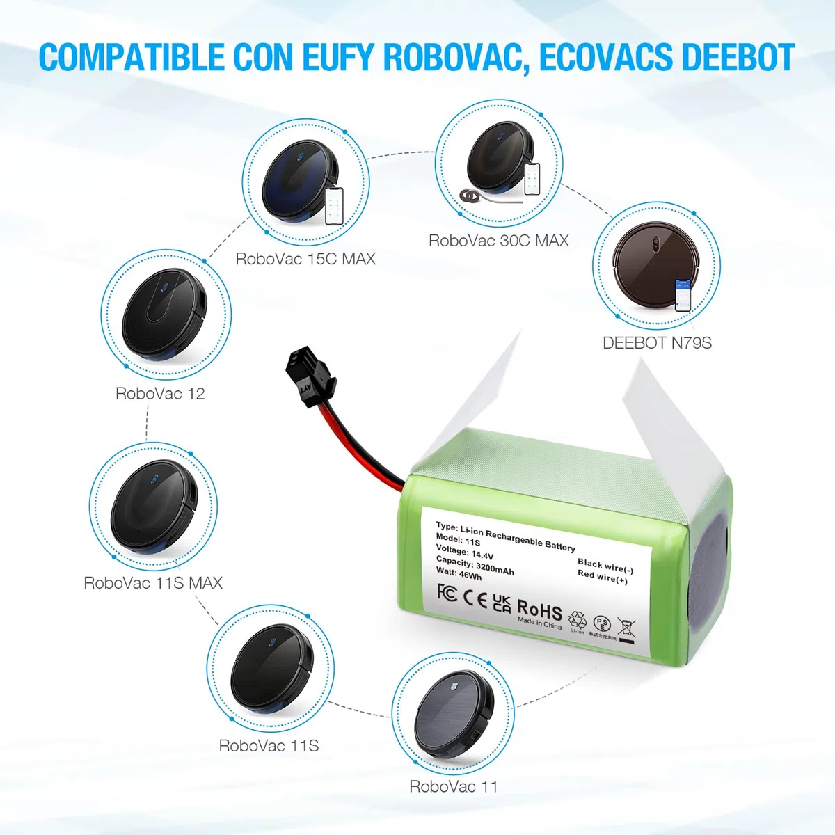Powerextra Batería de Repuesto 14.4v 3200mAh Compatible con Conga Excellence 990 950 1090 Deebot N79S DN622 Eufy RoboVac 11 11S 11S MAX 30 15C 15T 12 35C IKOHS NETBOT S14 S15