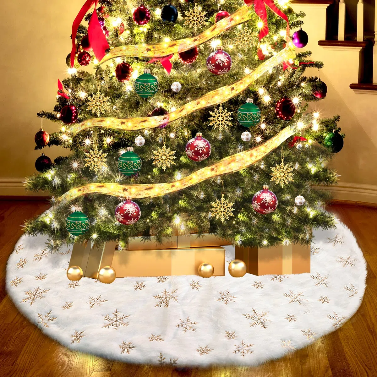 Falda de Árbol de Navidad 122cm, Tapete y Cubre Pie de Felpa Con Copo de Nieve para Decoración Navideña
