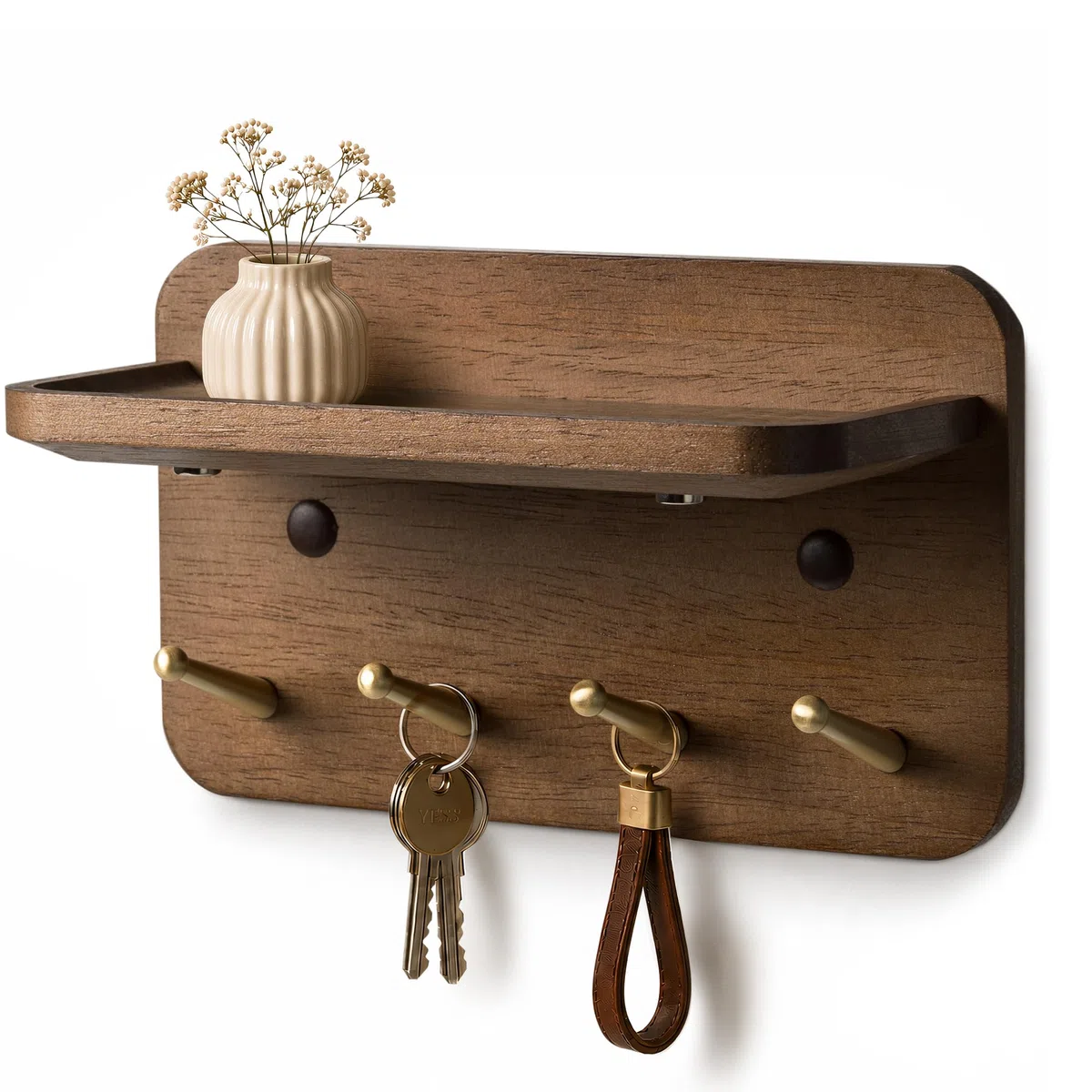 Porta Llaves de Pared con Estante – 4 Ganchos Latón, Madera Maciza, Magnético, 3 Instalaciones: Adhesivo, Tacos o Clavos Invisibles, para Entrada, Salón, Dormitorio, Oficina, Nogal