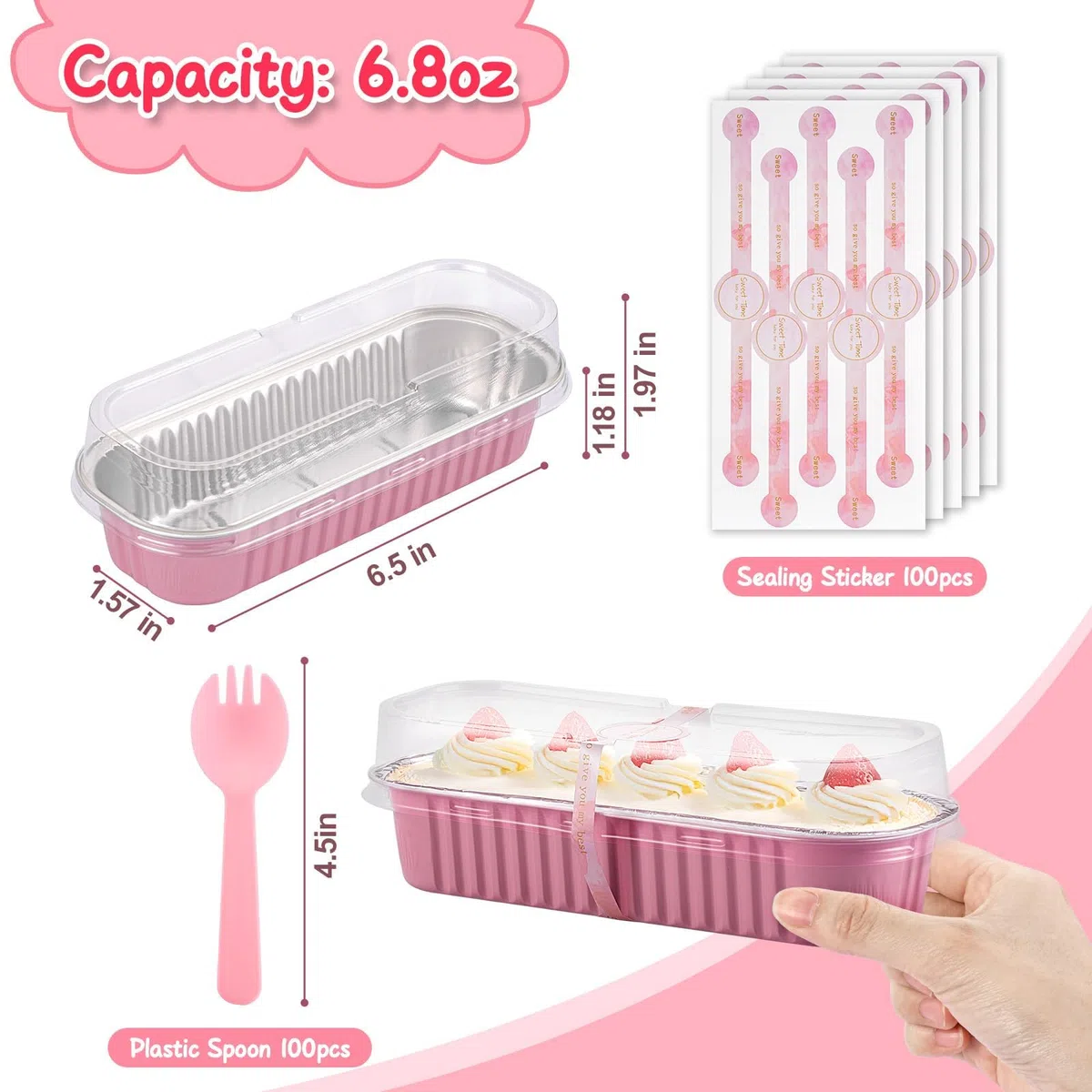 Paquete de 100 mini moldes para pasteles, mini moldes para pan con tapas y cucharas, moldes de aluminio desechables para pan, pasteles, bodas, cumpleaños, fiestas, picnics, vacaciones