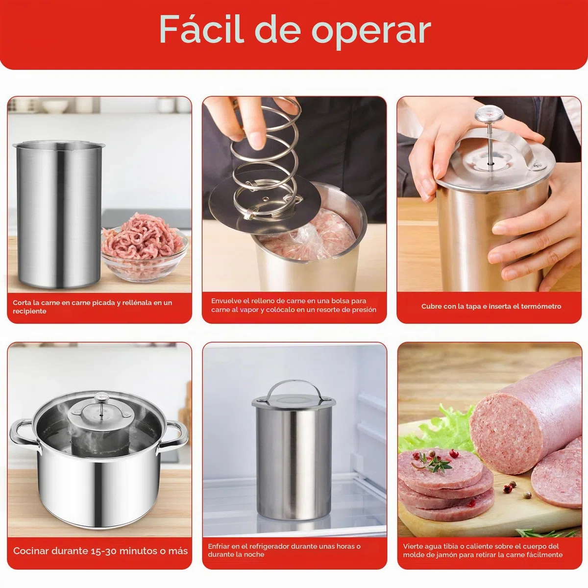 Molde de prensa de carne para carnes delicatessen de acero inoxidable, molde de prensa de jamón con termómetro y 20 bolsas de cocina para hacer carne casera saludable
