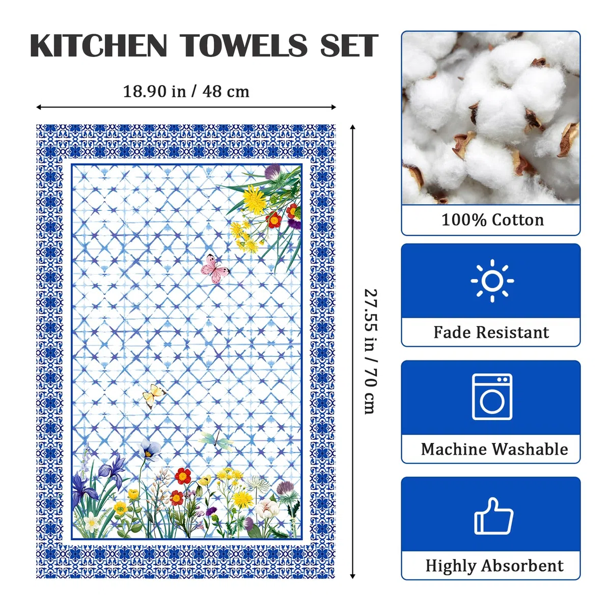 Toalla de cocina retro de flores silvestres, 100 % algodón, secado rápido, 48 x 70 cm, toallas de mano para regalos de inauguración de la casa, comedor, hogar, boda, banquete, bufé (juego de 4