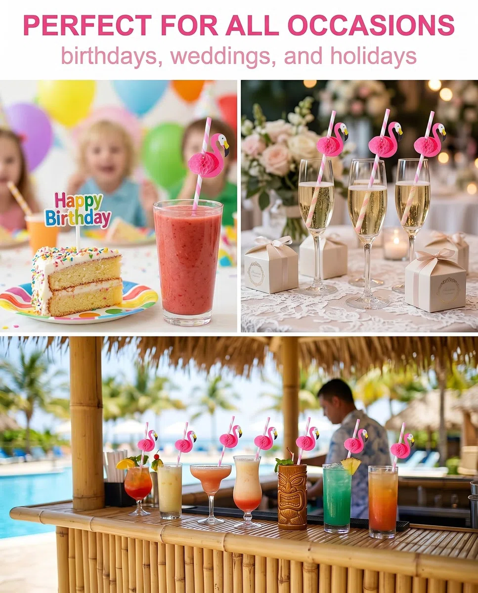 Pajitas de Flamenco 3D, 50 Piezas Biodegradables y Decorativas para Cócteles, Fiestas Temáticas, Decoración Hawaiana y Cumpleaños