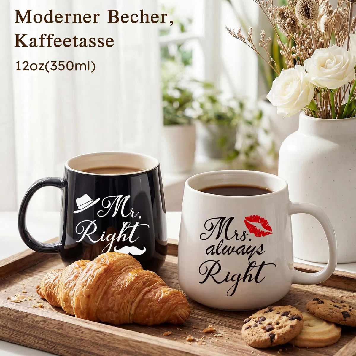 TUZELIYA Mr. Right & Mrs. Always Right Juego de tazas de pareja – Regalo de boda para novios, mujeres y hombres – tazas blancas y negras para parejas y regalos de aniversario para él ella