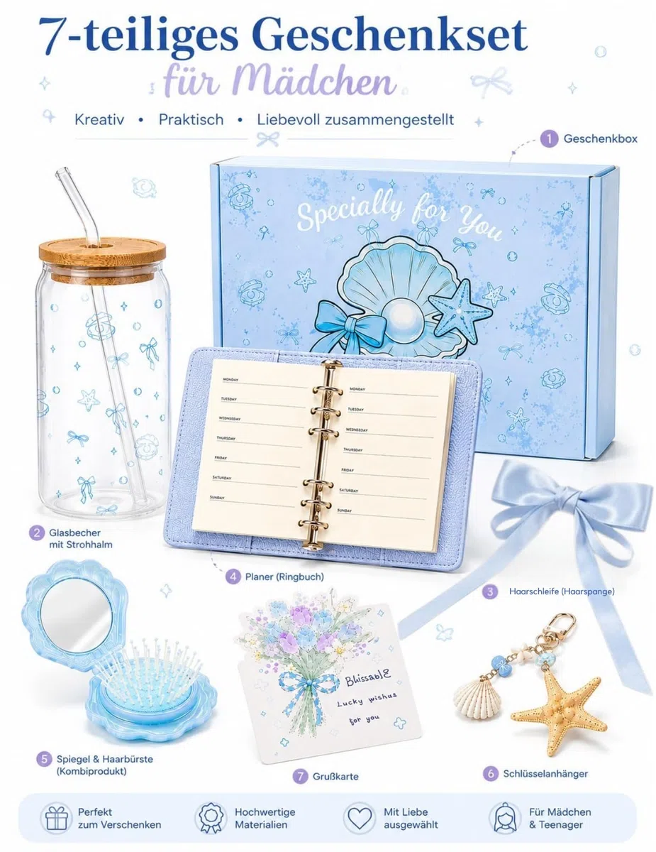 Regalos para Niña 10 11 12 13 14 15 Años, Regalo Cumpleaños Niña Adolescente, Caja de Regalo Aesthetic con Vaso de Cristal, Cuaderno, Espejo y Tarjeta, Regalo Amiga Hermana