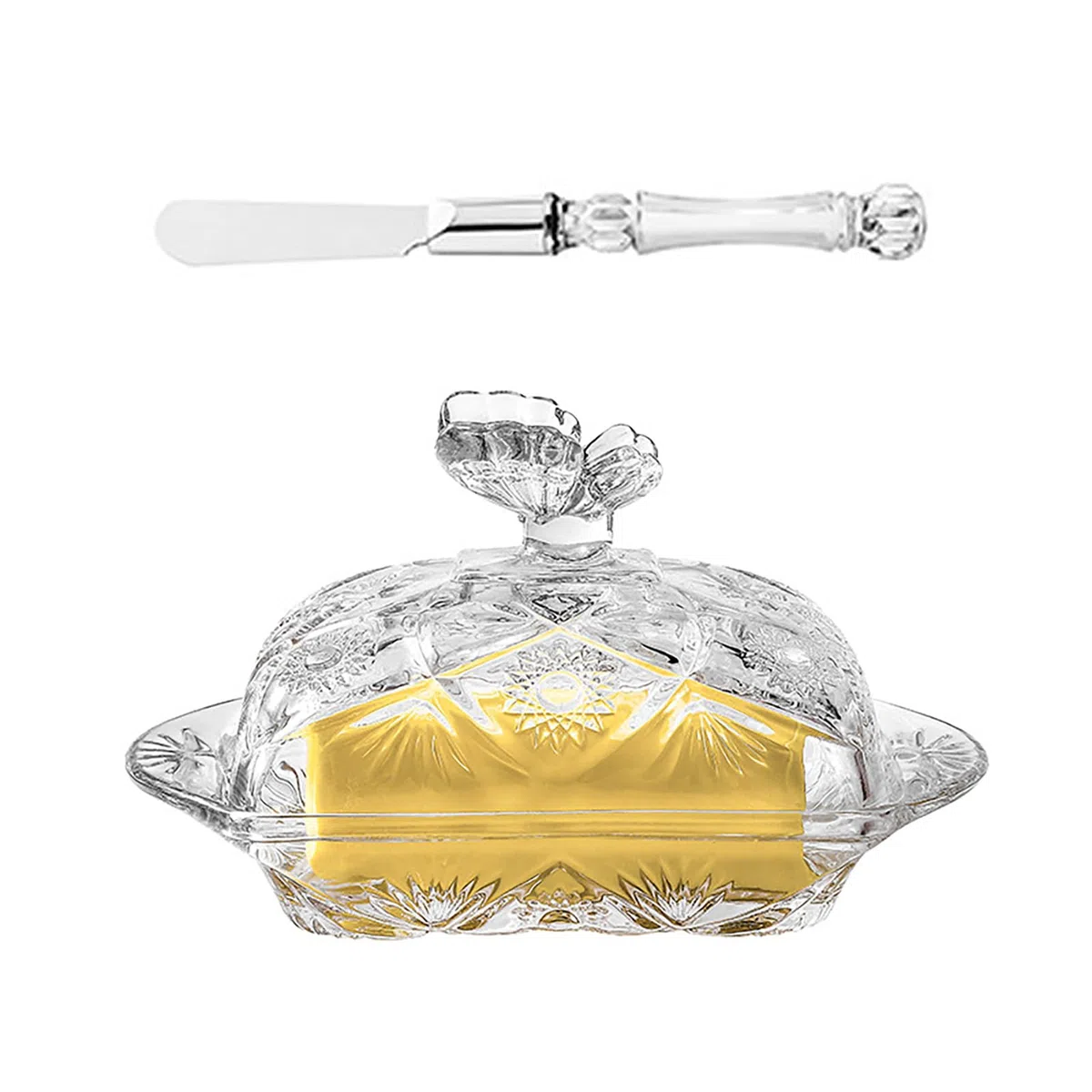 Buachois Mantequillera, Tarro de Mantequilla de Vidrio, Juego de Plato Transparente con Tapa y Cuchillo Acero Inoxidable Patrón de Mariposa de Mantequilla Multifuncional Plato Queso Pastel y Fruta
