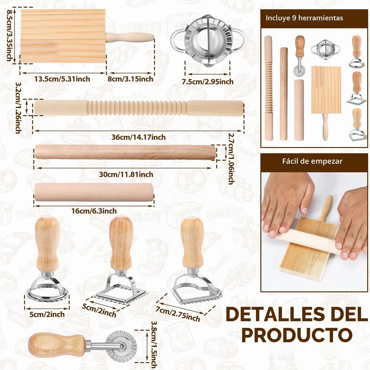 Juego de 9 piezas para hacer pasta, eficiente juego de fabricación de pasta con sello de ravioli, cortador de pasta GnocchiBrett, accesorio práctico para hacer pasta