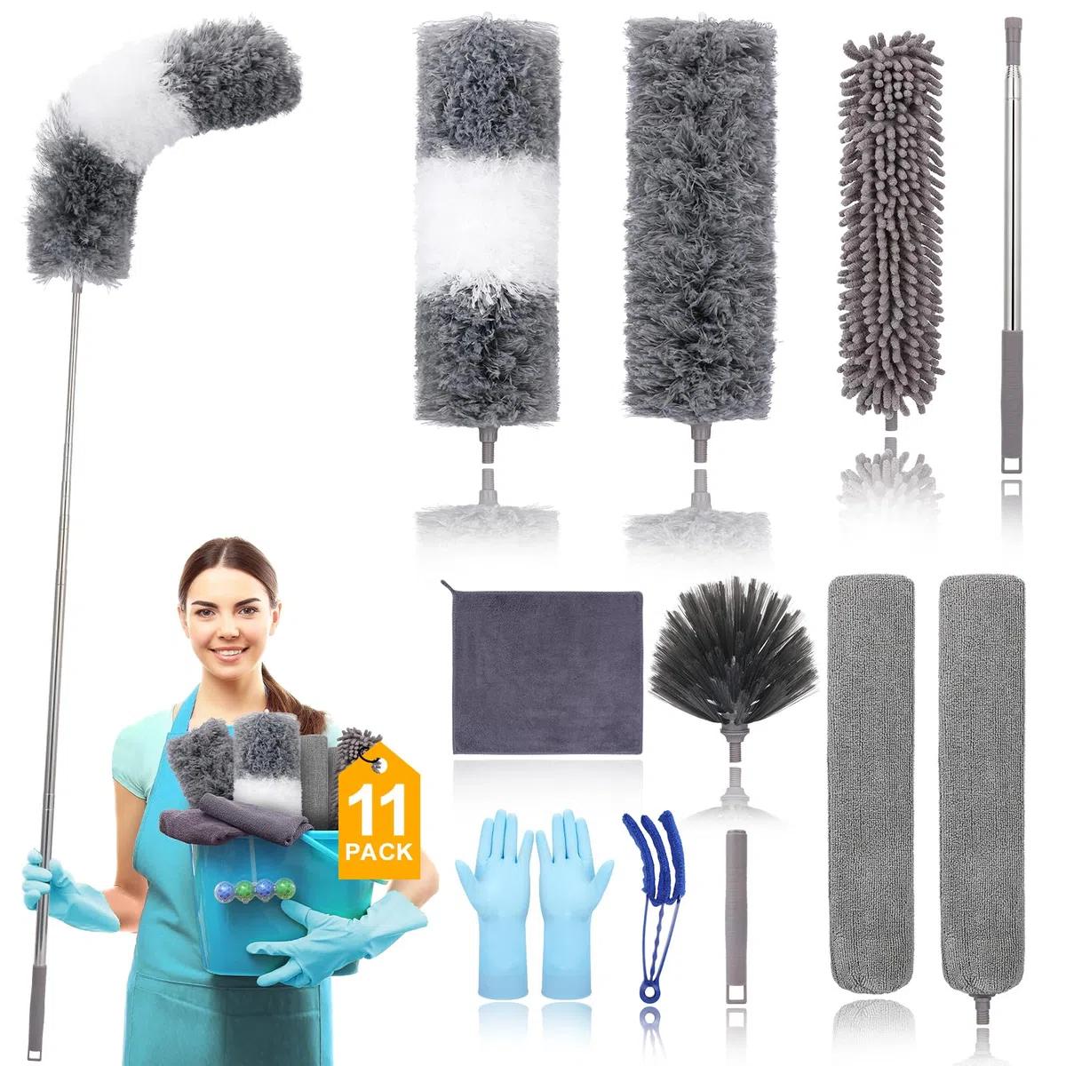 Plumero Extensible de Microfibra (11 Piezas) con Poste de extensión de 100 Pulgadas, Lavable, Reutilizable, Flexible para Limpiar Ventiladores de Techo, Techo Alto, TV, persianas, automóviles