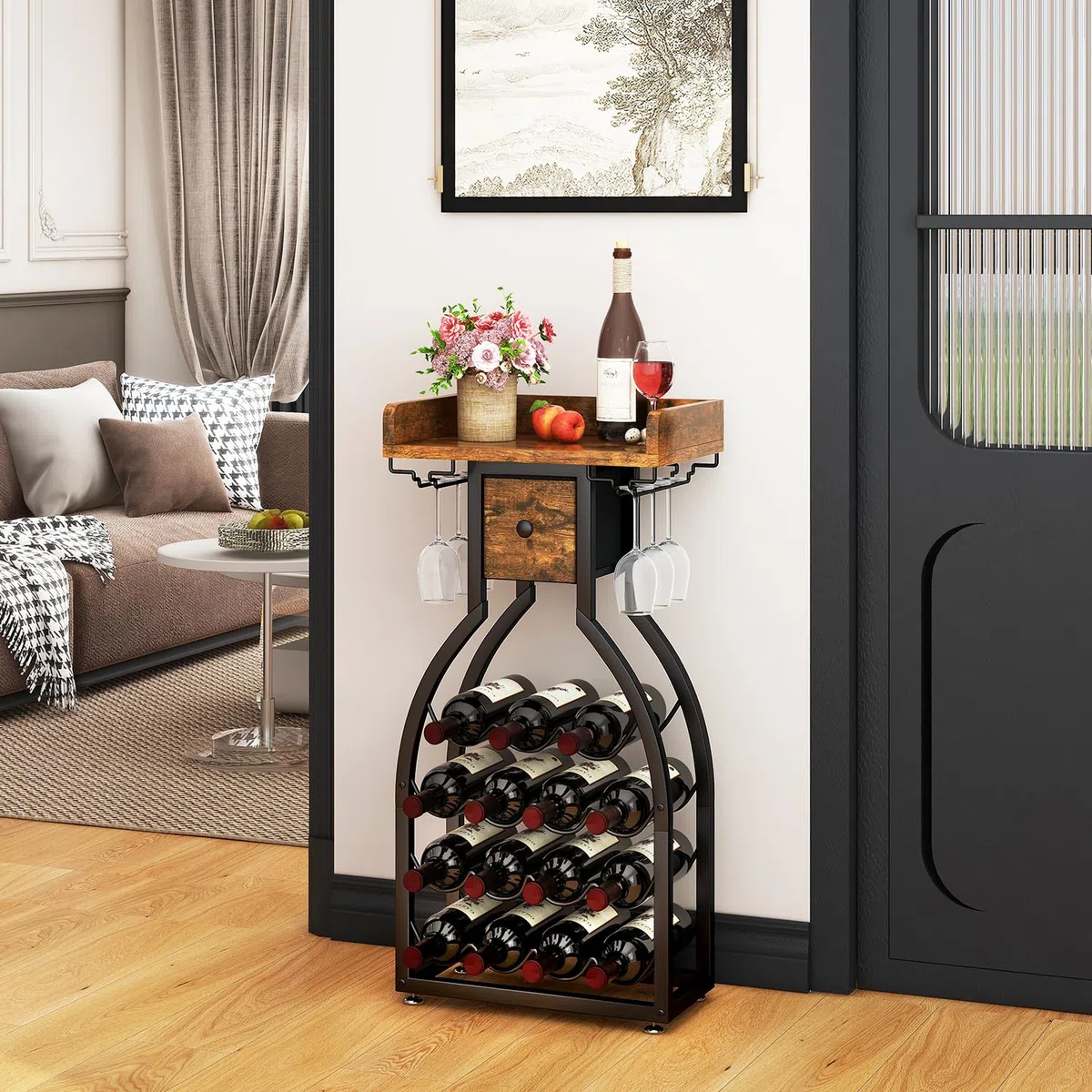 Botellero independiente IBUYKE para 15 botellas, con soporte de cristal y cajón de almacenamiento, mini estantería, para cocina, bar y comedor, marrón rústico TMJ908H