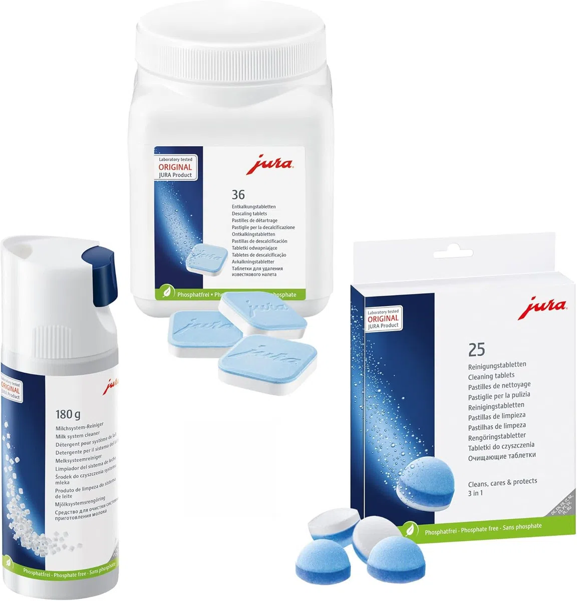 Jura Starter Pack, 25 pastillas de limpieza (3 fases) + 36 pastillas descalcificadoras + 180 g limpiador de sistema de leche