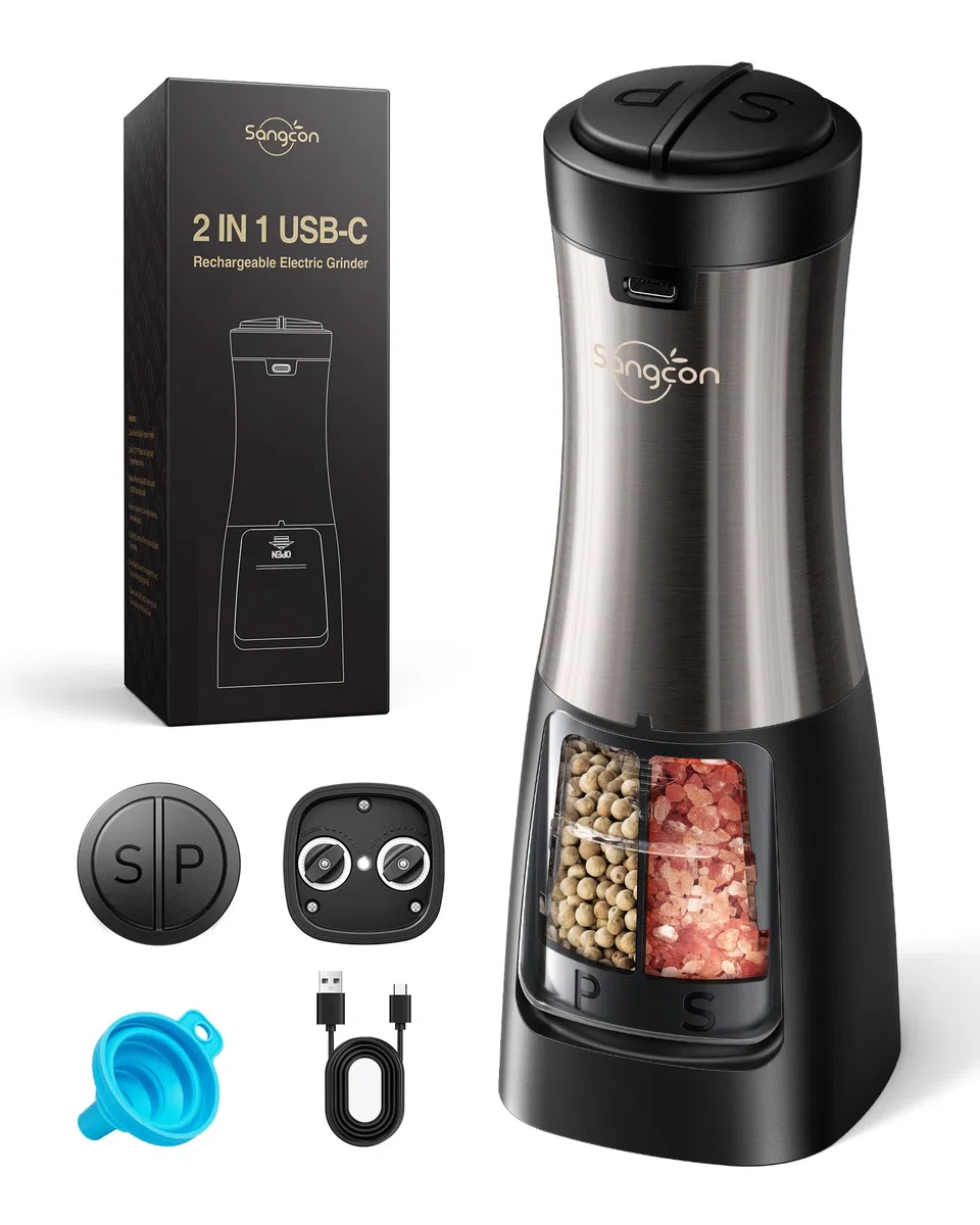 Sangcon Recargables USB Molinillo de Sal y Pimienta Eléctrico 2 en 1, Funcionamiento Automático con Una Sola Mano con Molinillo de Cerámica Ligero, Molonillo Sal Grosor Ajustable,(Color Metalico)