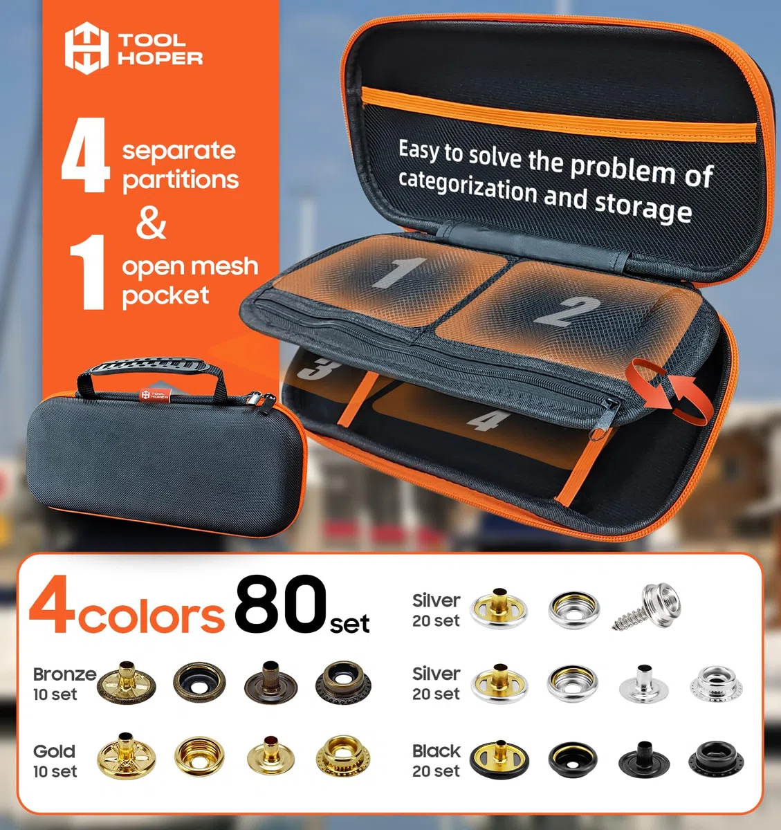 Kit de herramientas de instalación a presión de 4 colores, 300 piezas de botones a presión para cubierta de barco, kit de botones de tela de 15 mm para tela