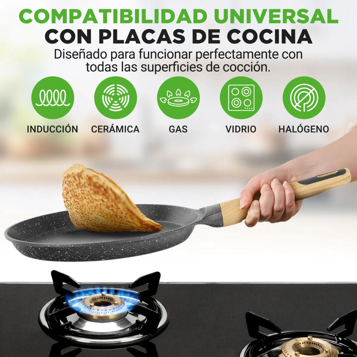 NutriChef sarten para crepes con esparcidor de madera, Tortitas, Panquecas, 11”, Facil de limpiar, Antiadherente, Con recubrimiento de marmol
