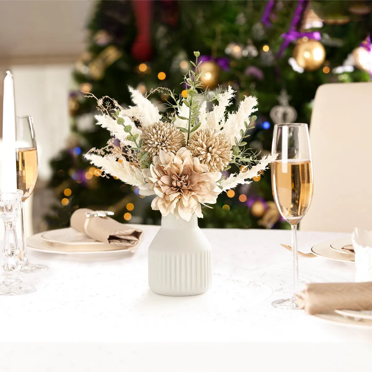 Mkono Pequeñas flores artificiales en jarrón de cerámica de 13.5 pulgadas, decoración de mesa de café, arreglos florales de seda para decoración del hogar, ramo de flores falsas para baño, comedor