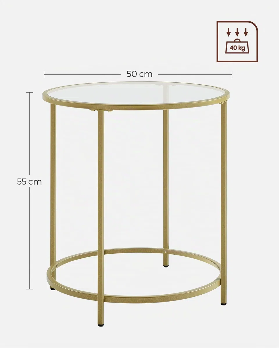 VASAGLE Mesa Auxiliar Redonda, Mesita de Noche de Cristal con Marco de Acero, Mesa de Centro Pequeña, para Salón, Balcón, Decorativo, Dorado y Transparente LGT20G
