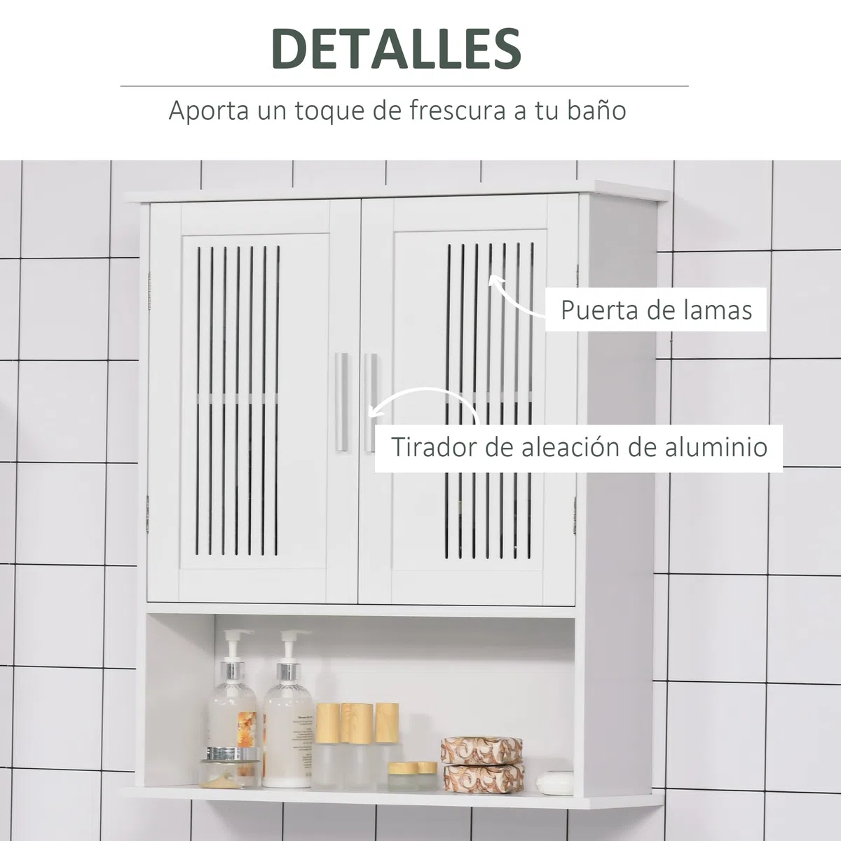 kleankin Armario de Pared para Baño Multiusos Mueble de Baño Suspendido Armario Colgante de Almacenamiento con 2 Puertas de Listones Estante Ajustable y Compartimento 60x20x70 cm Blanco