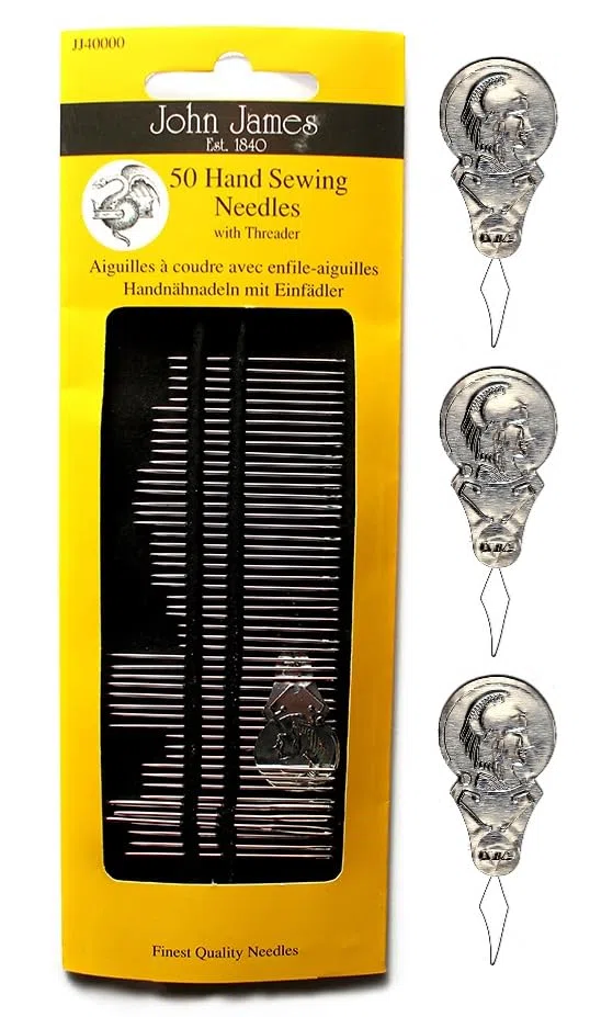 Stitchtight - John James JJ40000 - Paquete de 50 agujas de coser surtidas con 3 enhebradores de agujas estándar