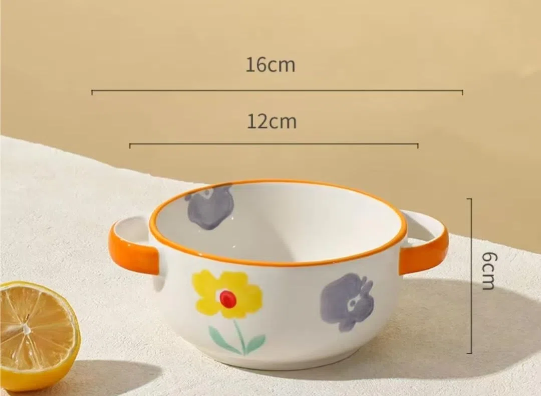 Tazón de sopa de cerámica con asas, diseño floral pintado a mano, apto for microondas y lavavajillas, for sopa, cereales, pasta y ensaladas(Orange)