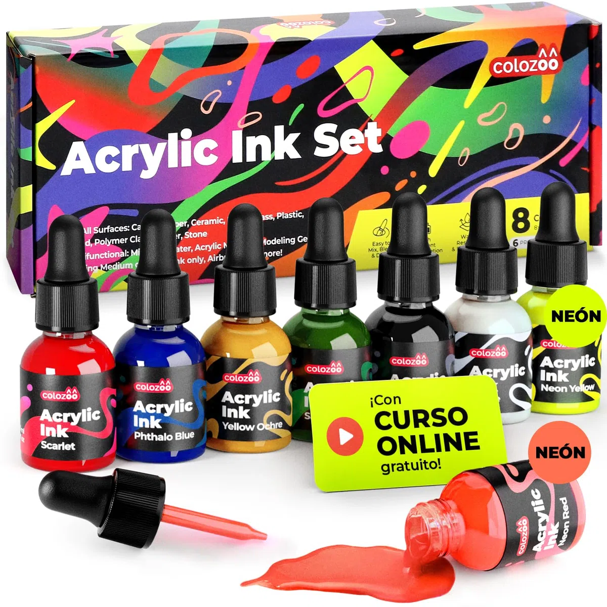 Colozoo Set de Tinta Acrílica 8x20ml, permanente y resistente al agua, 6 colores primarios y 2 neón, pintura líquida para aerógrafo, pouring, medium acrílico, tinta acrílica para todas las superficies
