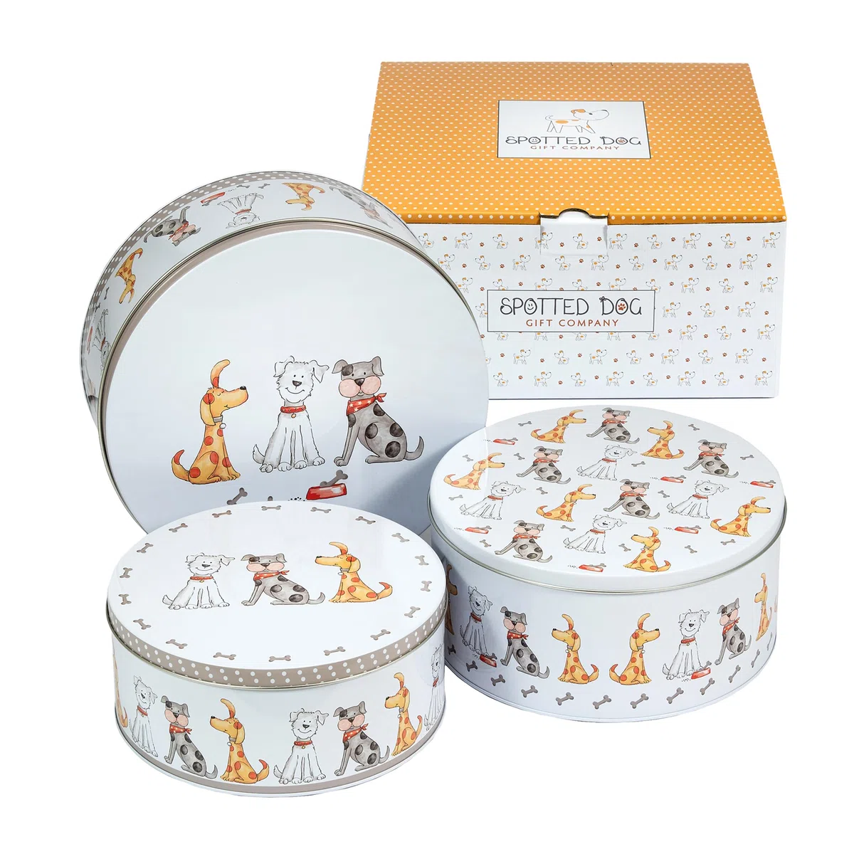 SPOTTED DOG GIFT COMPANY Juego de 3 Latas Almacenamiento para Tartas Redondas, Cajas para Galletas y Pasteles de Metal, Apilables Herméticos, Pequeño 20x9cm, Mediano 22x10cm, Grande 25x11cm - Perros