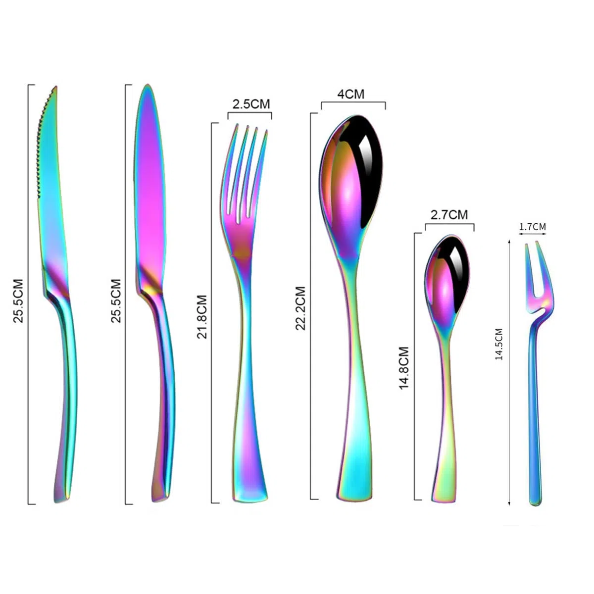 Juego de cubiertos de 24 personas, multicolor, juego de cubiertos de 24 piezas, incluye cuchillo de mesa, cuchillo de carne, tenedor de ensalada, cubiertos de acero inoxidable pulido espejo