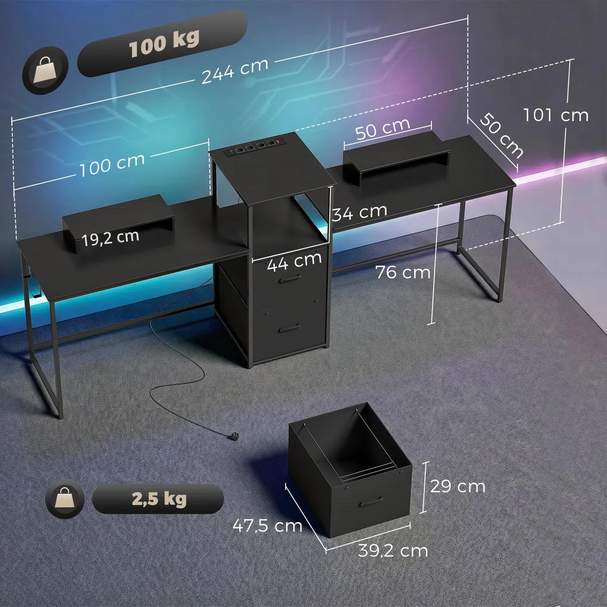 HOMCOM Mesa Gaming Doble Extralargo 244 cm con Estación de Carga Negro | Mesa Gamer, Escritorio Doble, Puertos USB, Soportes para Monitor, Cajones de Tela, Ganchos para Auriculares