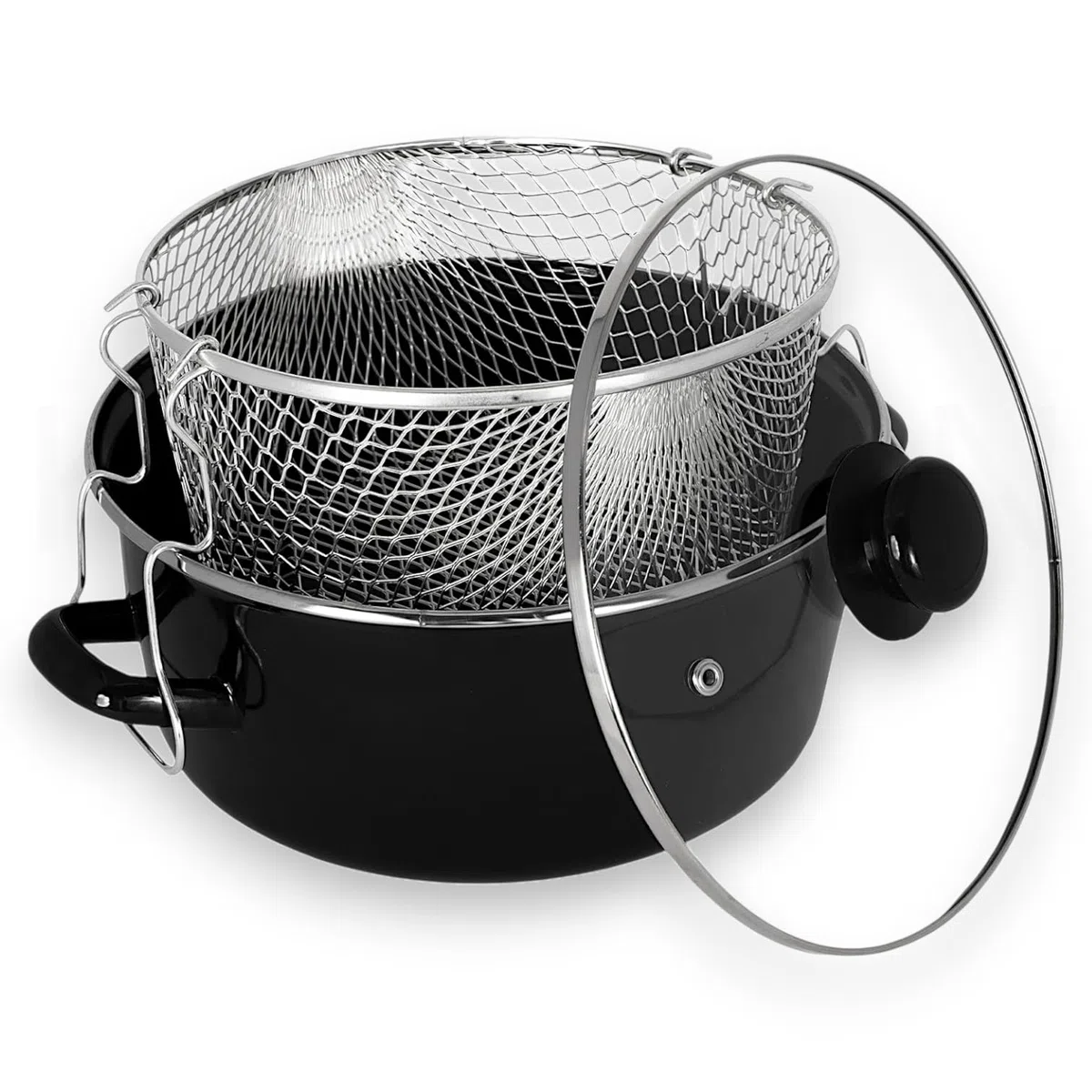 Olla Freidora con Tapa de Vidrio Templado, Acero Inoxidable, Negro, 24cm, 4.5 Litros, Incluye Canastilla Metálica