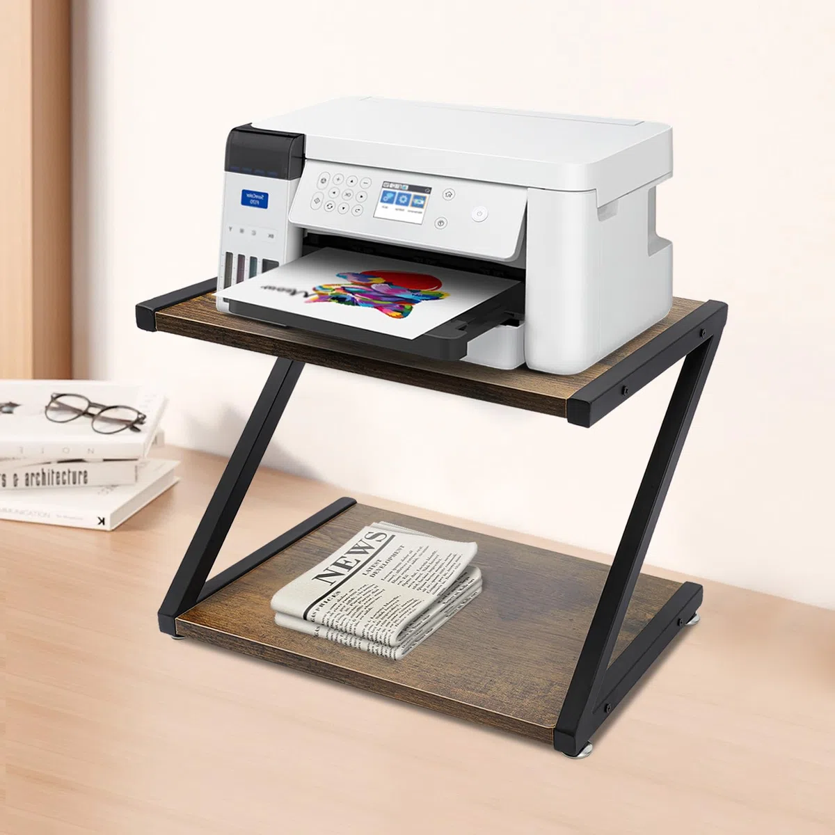 Soporte para impresora de escritorio, soporte de impresora de 2 niveles, se puede utilizar para almacenar materiales de oficina, microondas, utensilios de cocina, etc.