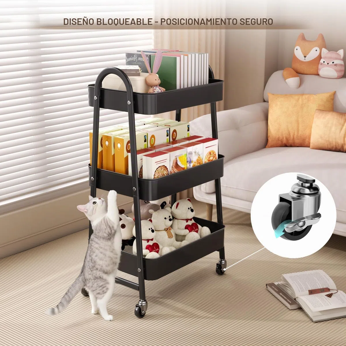 Carrito de Almacenamiento de Metal, Carro de Cocina Metalico con Ruedas, Carrito Auxiliar Multiuso 3 Niveles, Ideal para Frutas, Verduras, Cocina, Salón, Blanco