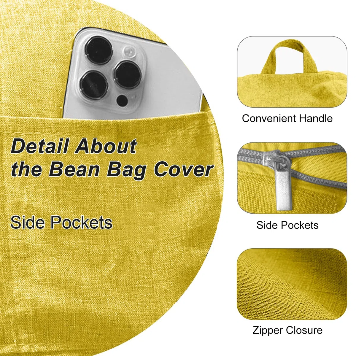 Puf para niños y Adultos, 100 x 120 cm, Funda sin Relleno, para Sacos de Frijoles con Cremallera, a Prueba de Polvo, no para Oficina, Dormitorio, terraza, salón (Amarillo, XL)