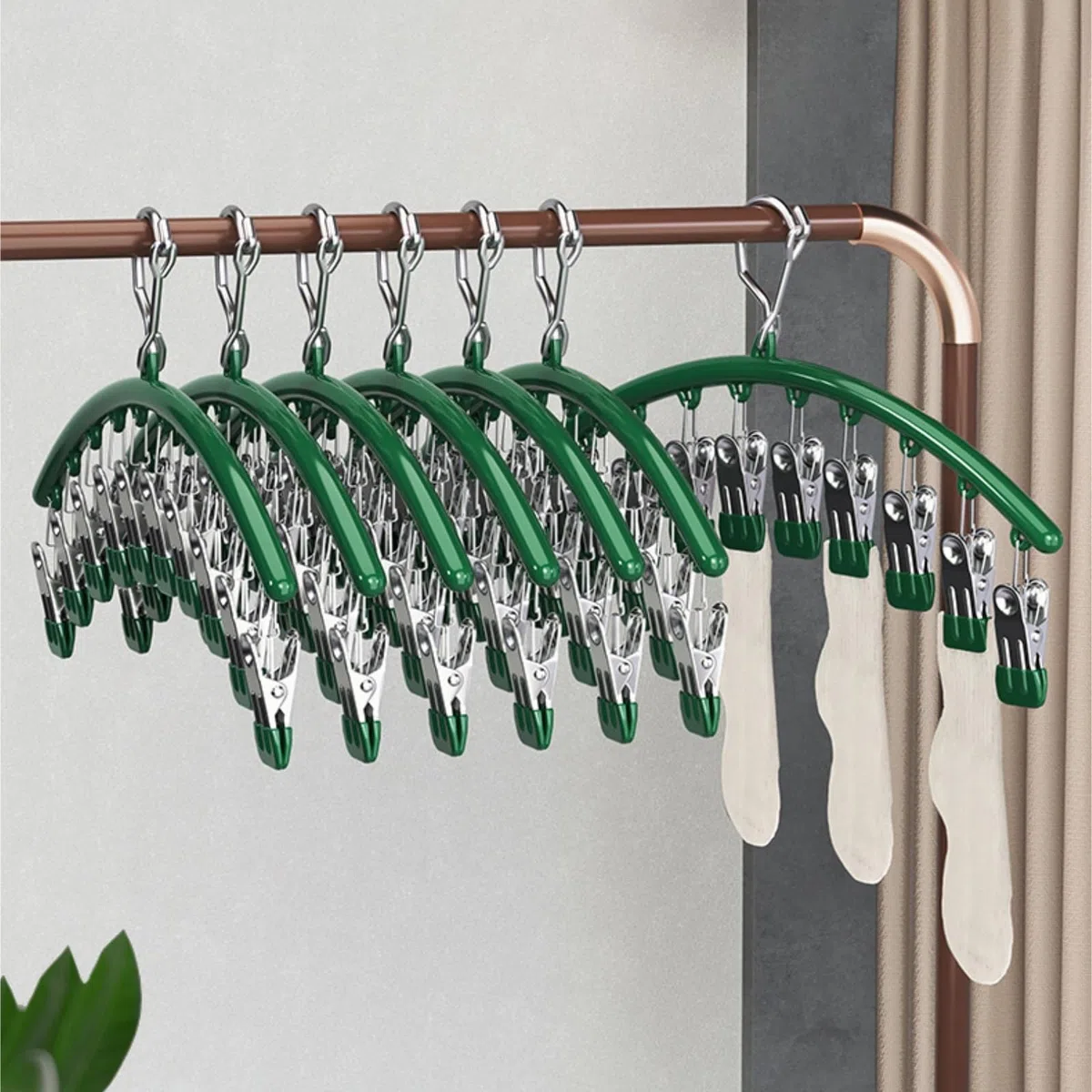 Perchas Ropa Tendedero Colgante De Acero Inoxidable con Pinzas Metálicas For Calcetines Percha Antideslizantes(Grün)