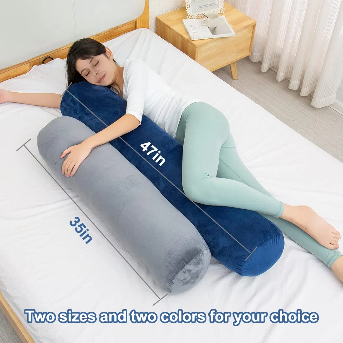 1 MIDDLE ONE - Almohada corporal, almohada de refuerzo con funda refrescante, almohada cilíndrica de rollo para cama, 119 x 20 cm, gris