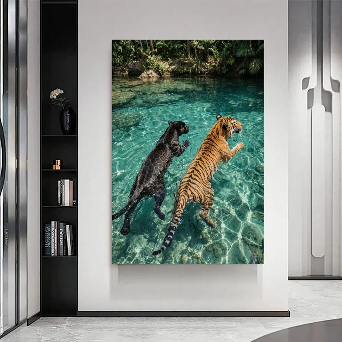 Póster de tigre y blanco nadando en el río de la selva, impresión en lienzo de gatos salvajes, arte de pared tropical para amantes de la naturaleza, 60 x 90 cm