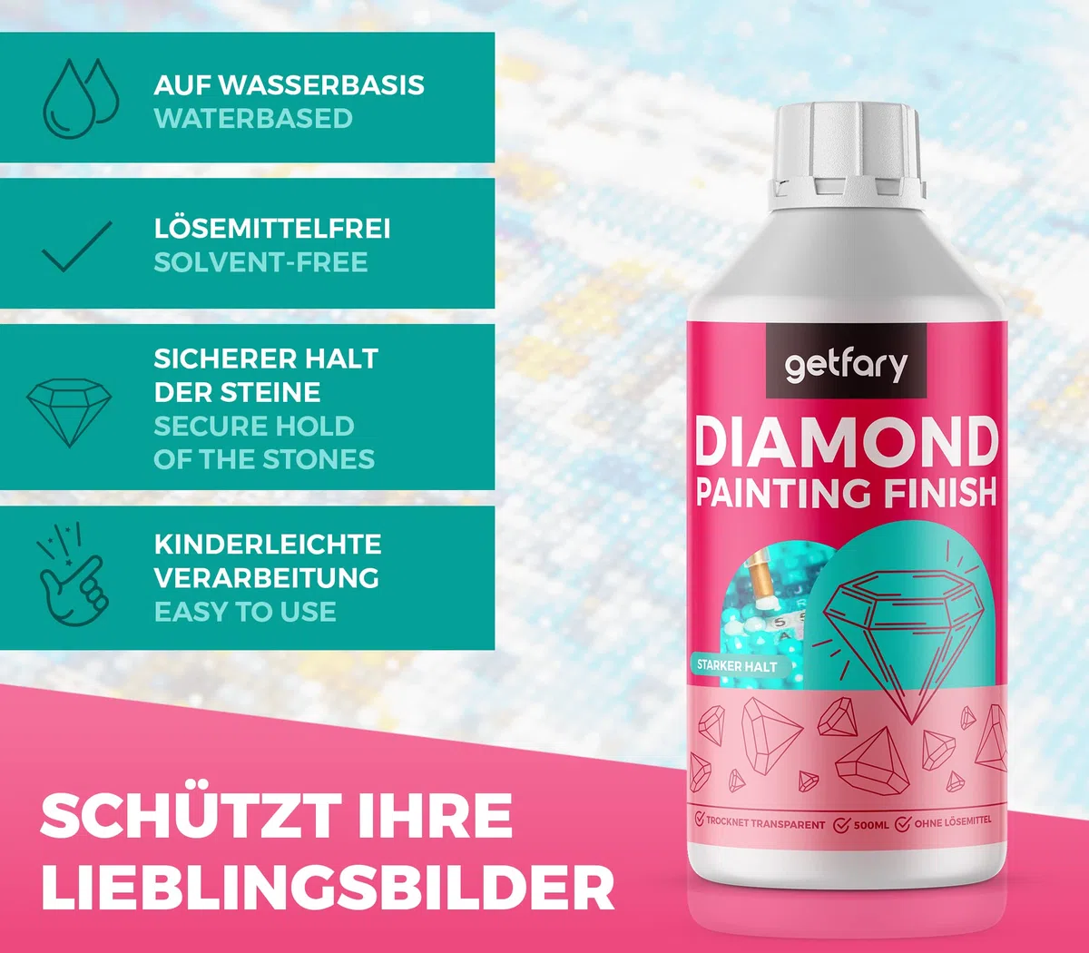 Diamond Painting Finish 2 x 500 ml – Sellador de pintura de diamante transparente para hasta 32 imágenes (50 x 50 cm)