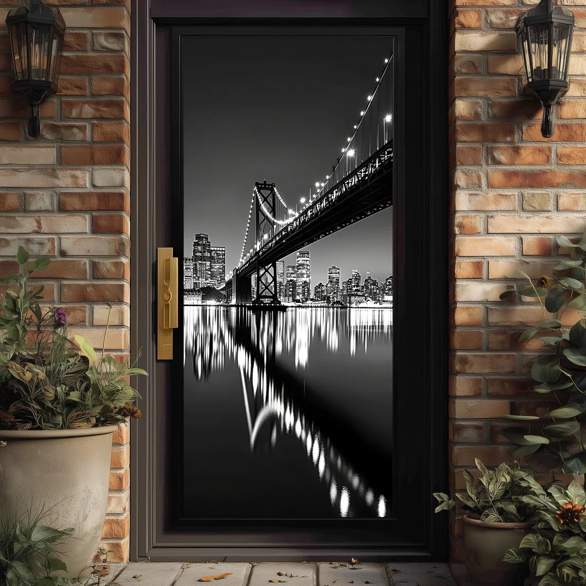 Decoración para puerta de paisaje urbano puente adhesivo de pared en 3D, adhesivo de puerta moderna ciudad, renovación de muebles y armario, pegatinas de puerta en blanco y negro arquitectura, 88 x