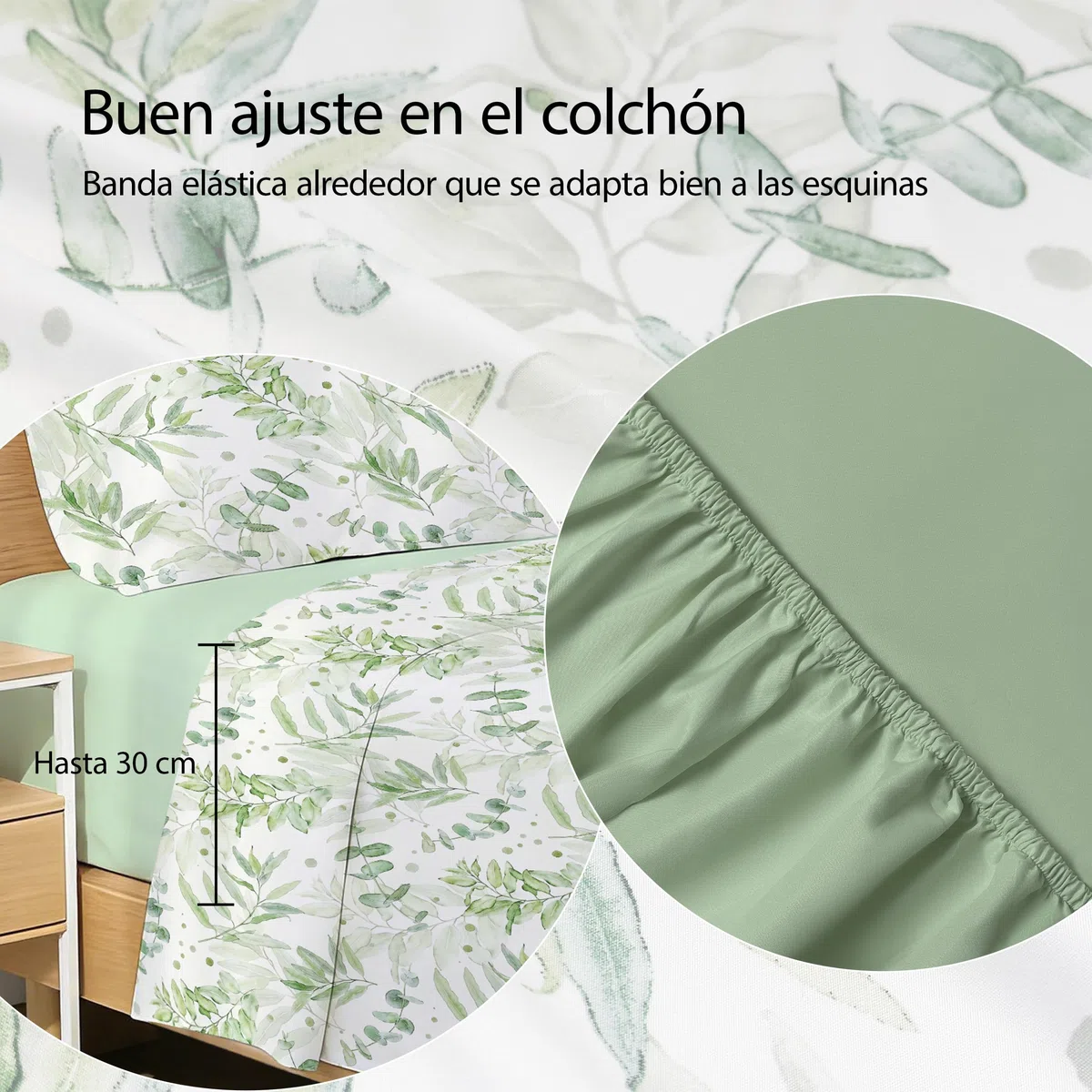 Etrexonline Juego de Sábanas 4 Piezas para Cama de 150 cm - Microfibra Suave y Transpirable, Incluye 1 Bajera Ajustable, 1 Encimera y 2 Funda de Almohada - Color Hojas Verdes Acuarela