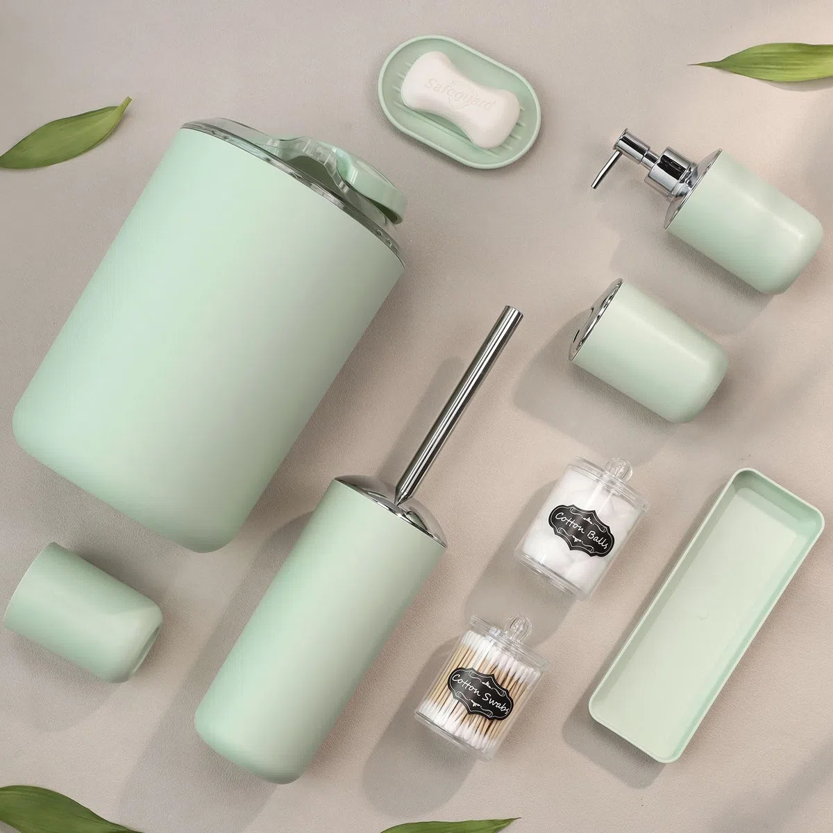 IMAVO Juego de Accesorios de baño – Juego de 8 Accesorios de baño Verdes con Papelera, dispensador de jabón, jabonera, Soporte para Cepillo de Dientes, Taza para Cepillo de Dientes, Soporte para
