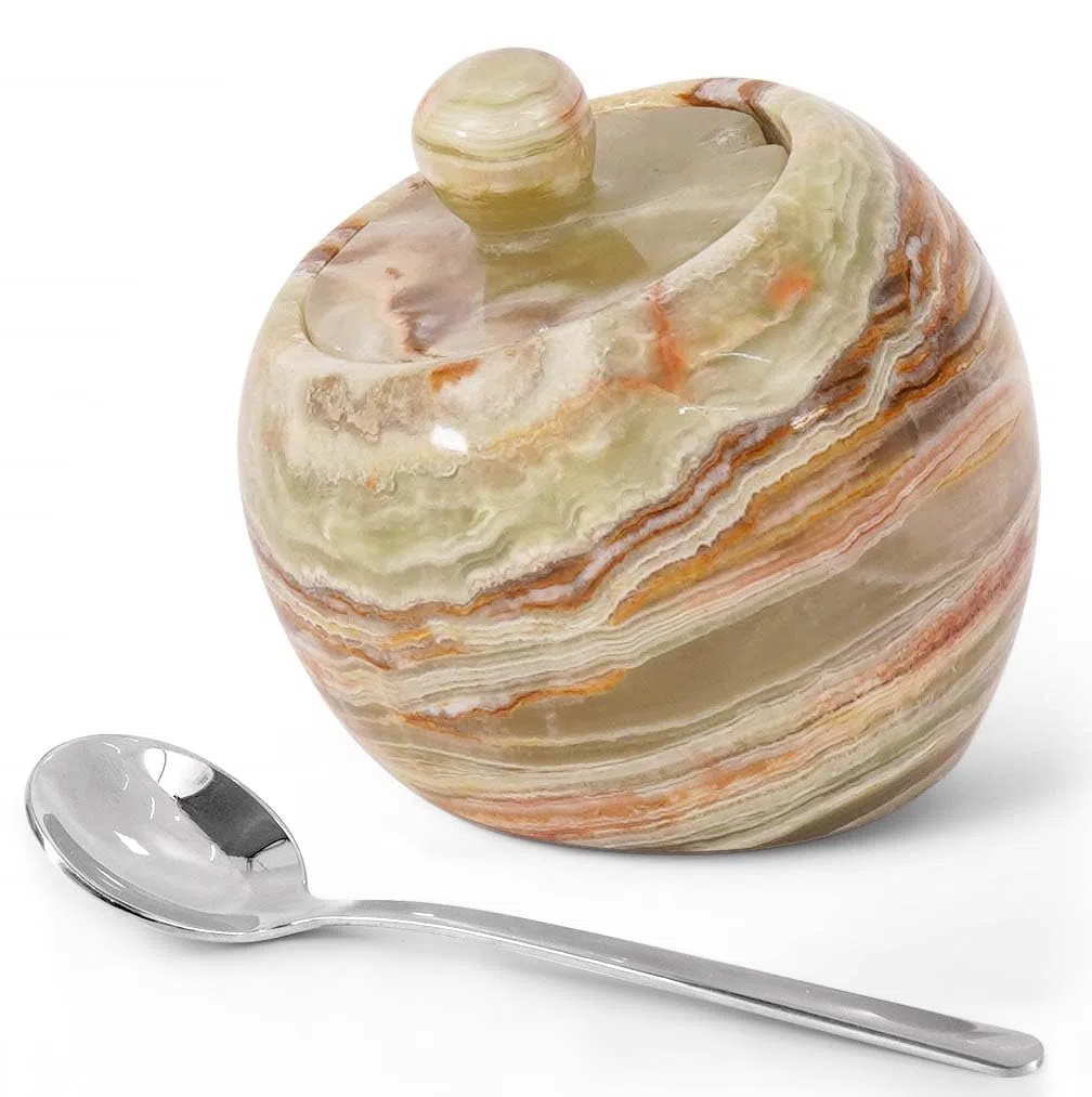 Radicaln Caramelo de sal de mármol con forma de manzana y cuchara de 7,6 cm, ónix verde, hecho a mano, recipiente para sal de cocina, moderno salero con tapa, caja de sal con tapa y tarro de especias